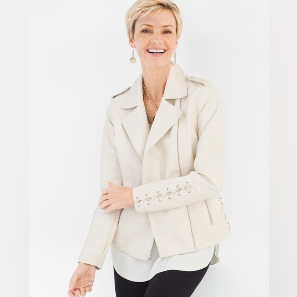 Chico’s Faux Leather Lace Up Cream Moto Jacket Sz 2 (12-14)